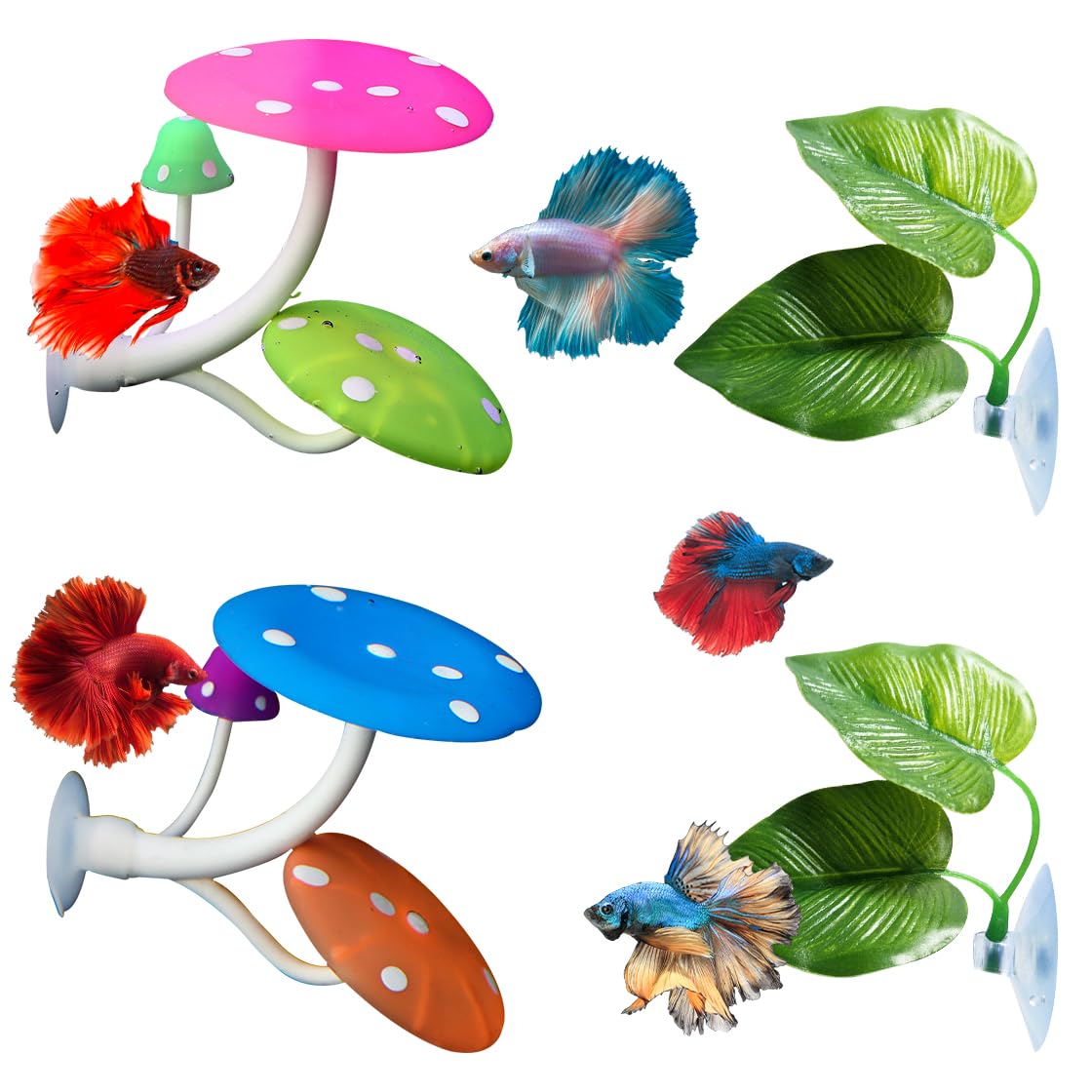 HyzaPhix 4pcs Betta Bed Leaf Hammock Mushroom Silicone Betta Bed Realistic Resting Spot Betta Aquarium Plants for Small Fish Tank Aquarium Decorations