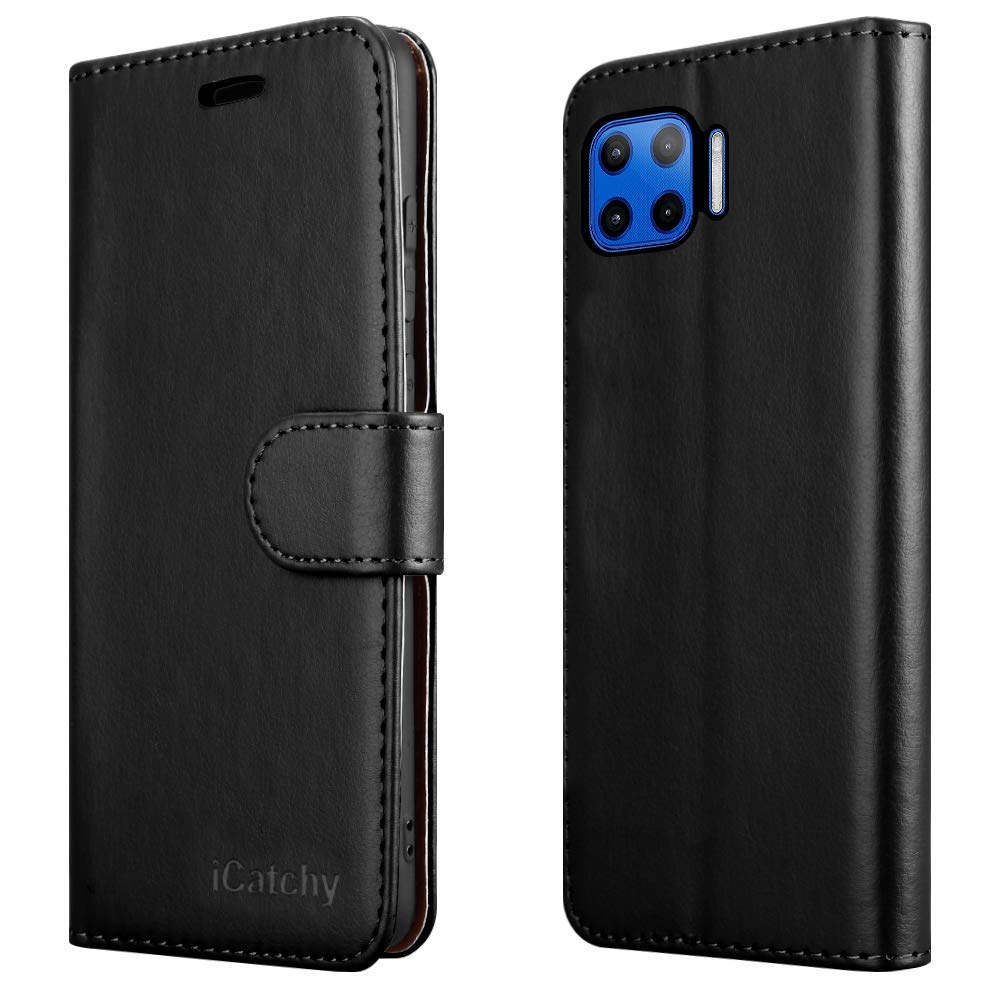 iCatchy For Motorola Moto G 5G Plus Case Leather Wallet Book Flip Folio Stand View Cover Pouch for Motorola Moto G 5G Plus (Black)
