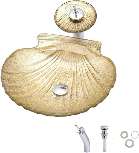 Amazon Homelava 洗面ボール 洗面ボウル ガラス 手洗い器 手洗い鉢トイレ 最新版 貝殻系洗面ボウル 手洗いボウルセット 洗面ボウル おしゃれ 洗面化粧台 浴室用 キッチン用 強化ガラス製 排水金具と蛇口付き ゴールド 洗面ボール 洗面器