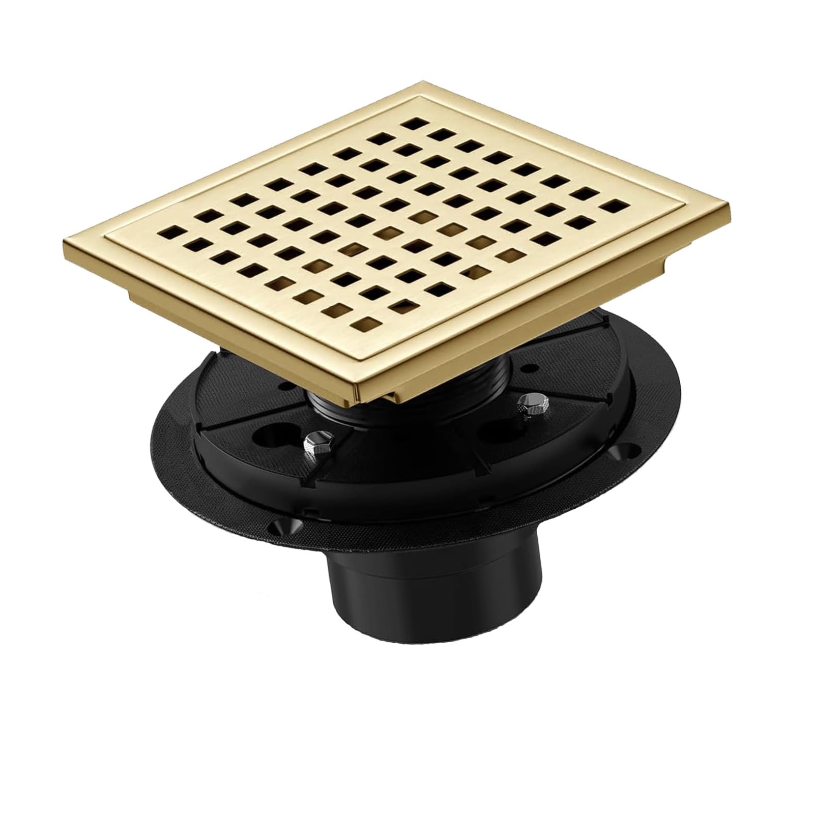 Photo 1 of 6 Inch Shower Drain, Square Shower Floor Drain Kit with Flange,Removable Grid Cover Hair Catcher,Brushed Gold