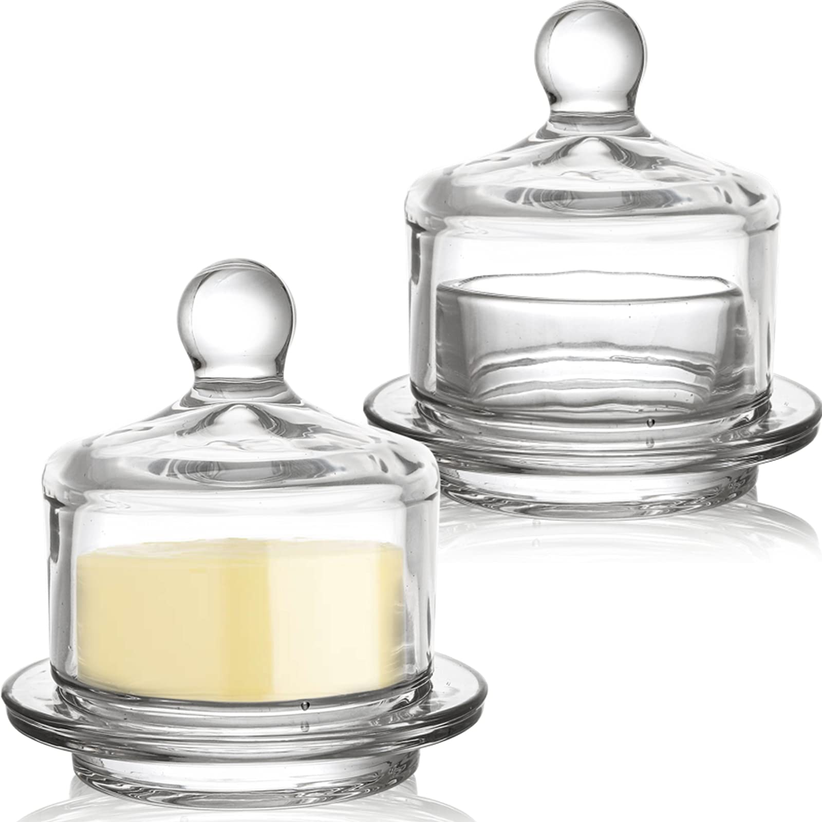 Photo 1 of ***(MINOR DAMAGE/ ONE HAS A SMALL CRACK)***Dicunoy 2 Pack Glass Butter Dishes, Small Round Butter Keeper with Dome Lid and Handle, Clear Butter Serving Container with Cover, Round Crystal Mini Butter Cloche for Candy, Dessert, Parfait, Jam