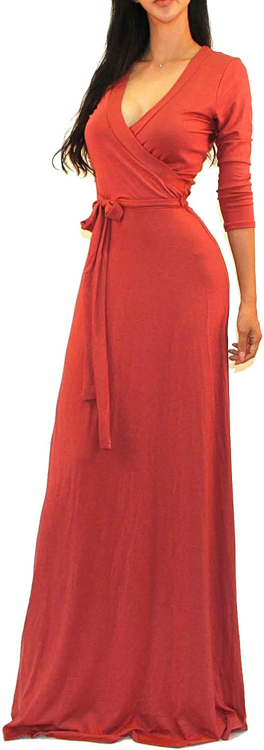 Vivicastle Women's USA Solid V-Neck 3/4 Sleeve Faux Wrap Waist Long Maxi Dress at  Women’s Clothing store