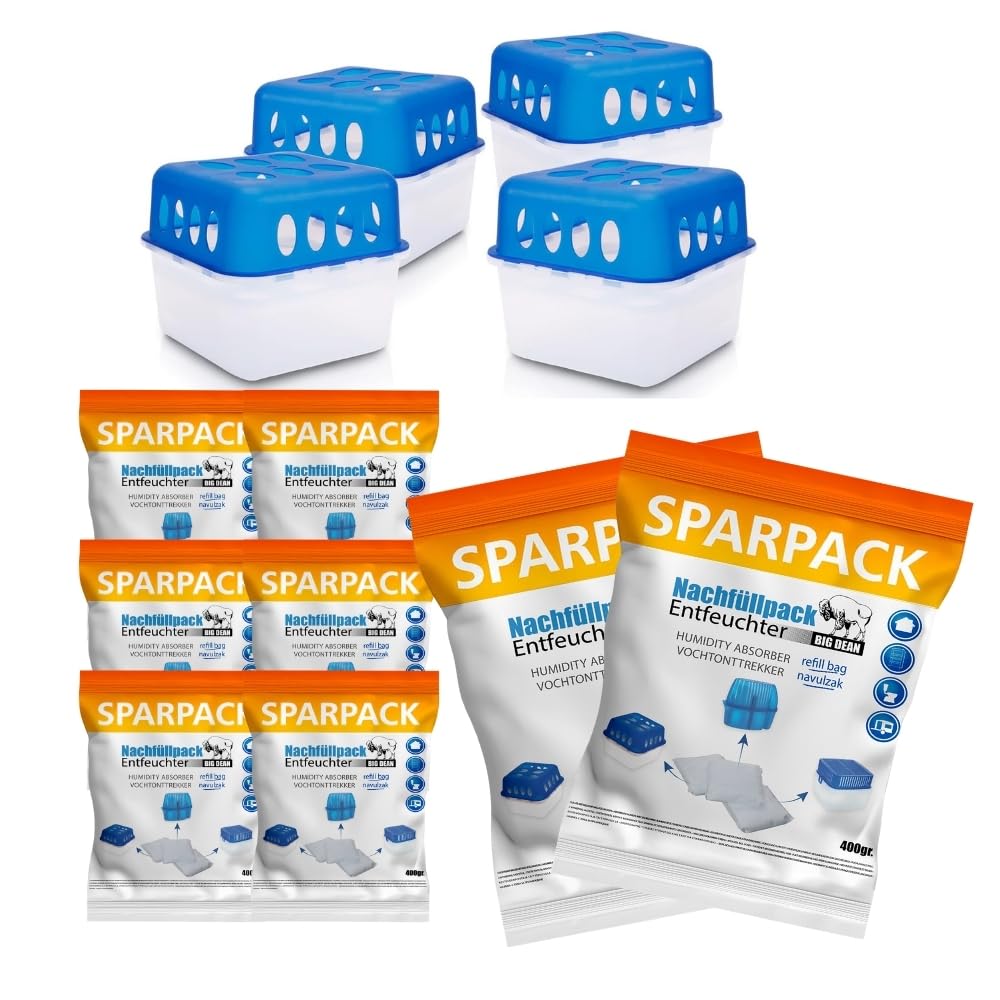BigDean 4x Luftentfeuchter Feuchtigkeits-Stopper mit 8 x 400g Nachfüll-Beutel Granulat – Feuchtigkeitskiller Raumentfeuchter nachfüllbar + wiederverwendbar ohne Strom