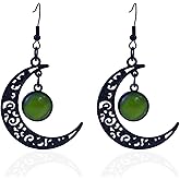 Gothic Black Moon Earrings Whimsy Black Red Purple Crystal Moon Drop Dangle Earring for Women,Vintage Punk Crescent Earring Goth Jewelry Halloween Witch Costume Accessories Green