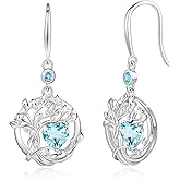 FANCIME Tree of Life Dangle Drop Earrings 925 Sterling Silver Dainty Round Gemstone Birthstone Earring Fine Jewelry Birthday Mothers Day Gifts for Her Women