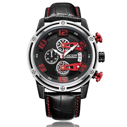 MEGIR Herrenuhr Sport Chronograph Lederband Quarzwerk Uhr Beiläufige Uhr Armbanduhr für Herren