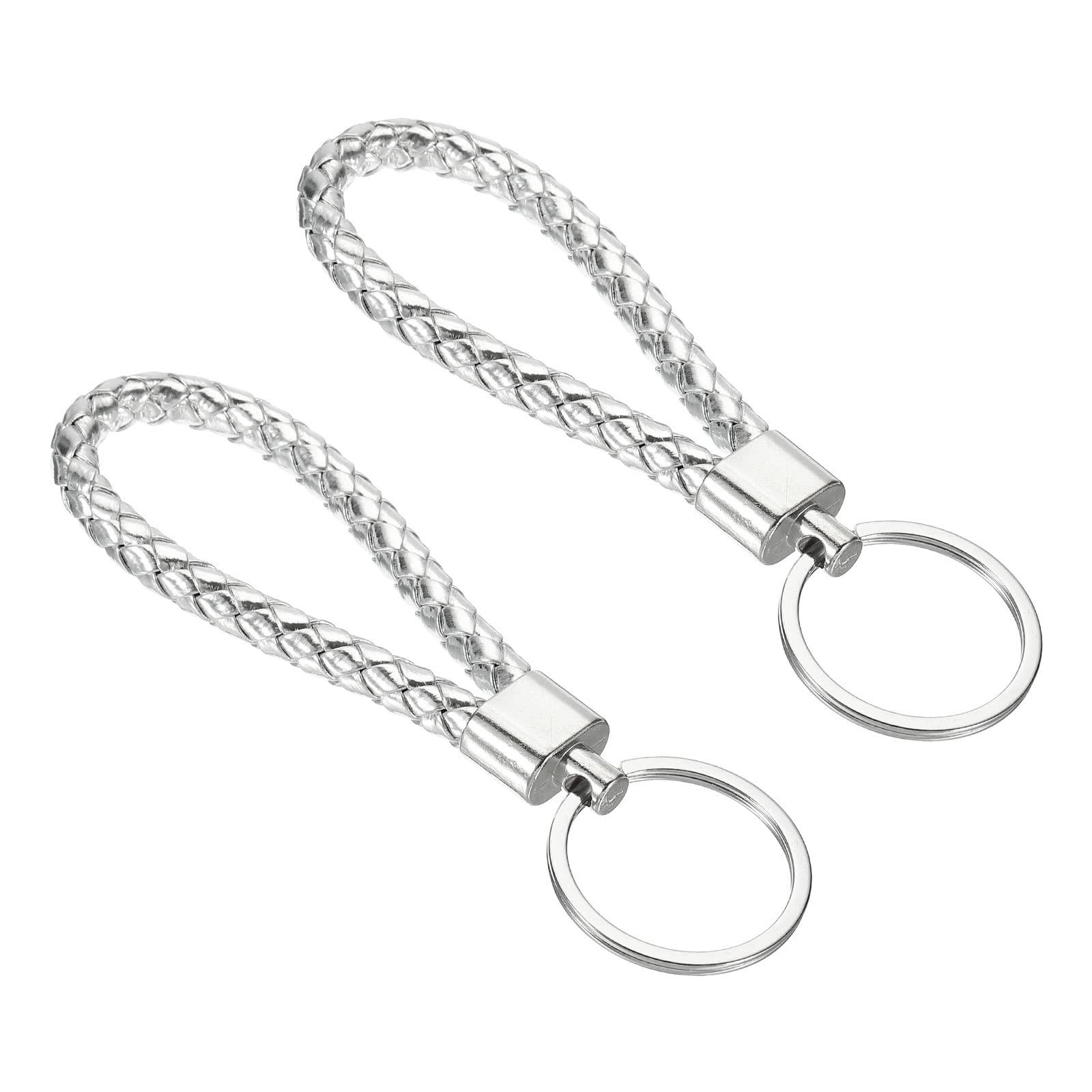PATIKIL Braided Leather Keychain, 2 Pack PU Key Ring Woven Decoration Lanyard Strap for Bag Wallet, Silver