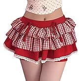 kakarin choyx Fashion Kawaii High Waisted Pleated Skirt Casual Cute Plaid Drawstring Lace Skirt with Shorts Underneath