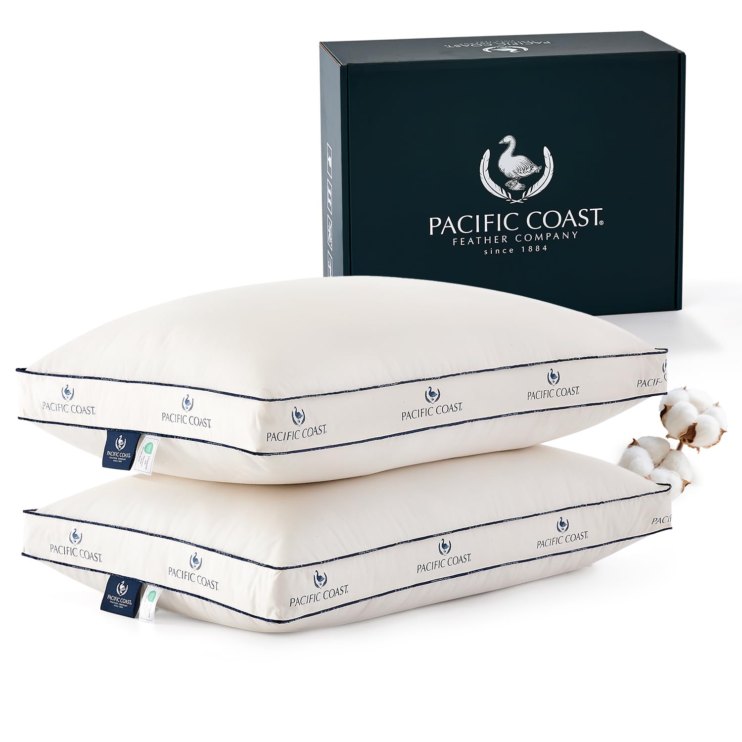 Photo 1 of Pacific Coast Goose Feather and Down Bed Pillows for Side and Back Sleepers, King Size Set of 2, 100% Organic Cotton Cover, Firm Pillows, Gusseted Pillows of Hotel Collection