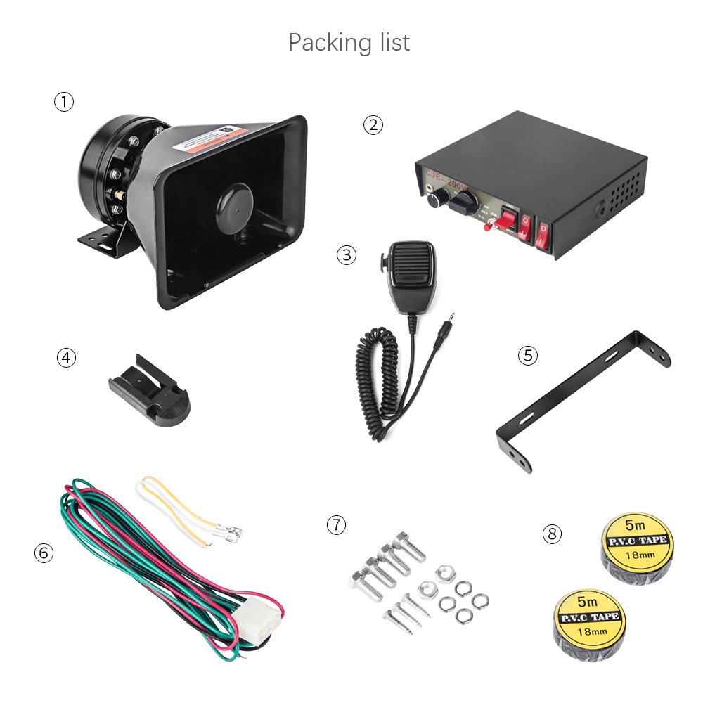CJB200P Amplifier Police Siren & Black Plastic Square Speaker,DC12V 200W 9 Tones Wired Handheld Microphone Loudspeaker Emergency Siren Electronic PA System