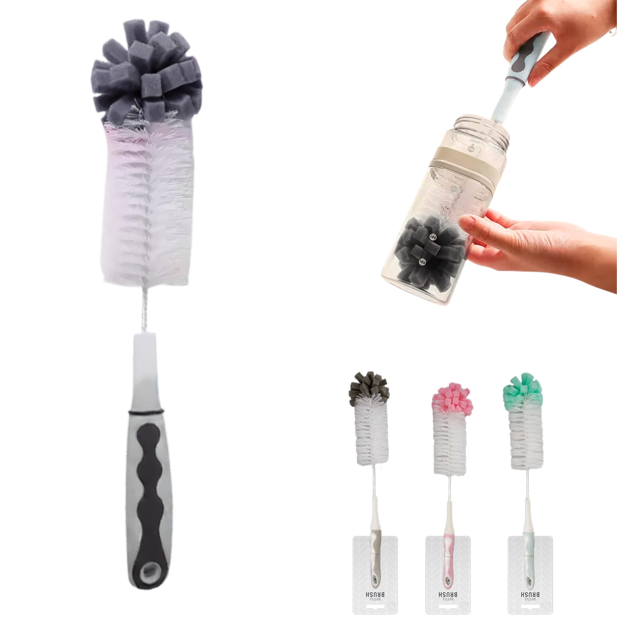 Bottle Cleaning Brush- 17" Long Sturdy Plastic Handle with Stiff Bristles | Compact and Ideal Durable, Flexible, Non-Slip Grip | Wine, Decanter, Narrow Neck Brewing Cleaner (Grey)