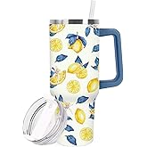 FYSUIMU Lemon Tumbler with Handle 40oz Blue Chinoiserie Yellow Lemon Tumbler with Lid Straw Summer Stainless Steel Cup for Home Office Travel