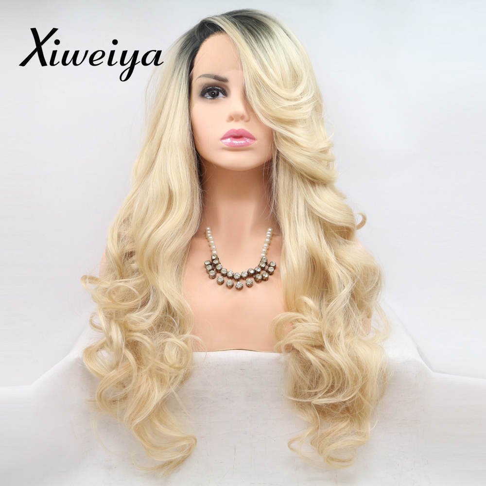 Xiweiya Ombre Light Blonde with Dark Roots Wavy Lace Front Wig Natural Hairline Blonde Synthetic Lace Front Wigs Heat Resistant Wig with Bangs High Density for Women Daily Wear Wigs 24inch โ image 1