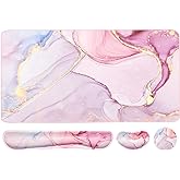 Keyboard Mouse Pad Set, Extended Mouse Pad+Keyboard Wrist Rest Support, Memory Foam Ergonomic Easy Typing, 3Pcs (35.4×15.7 in) Desk Pad Set for Home Office Study Game- Pink Marble