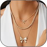 Layered Pearl Bow Necklace for Women Gold Beaded Bowknot Pendant Necklace Dainty Bow Ribbon Necklace Christmas Jewelry Gifts