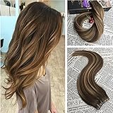 Moresoo 16inch Tape in Hair Extensions Ombre Real Human Hair 20PCS 50G Skin Weft Extensions Remy Hair Extensions Tape in Balayage Color #4 Brown Ombre #27 Blonde Mixed #4 Glue on Hair