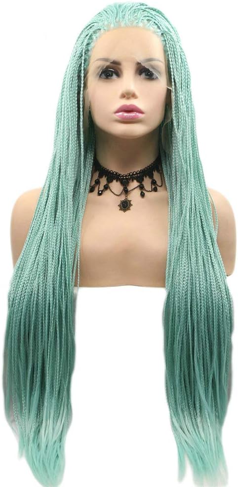 RainaHair 26inch Box Braided Wigs Drag Queen Afro America Blue Synthetic Lace Front Wigs for Women Ladies Cosplay Party Festival Long Braids Hair