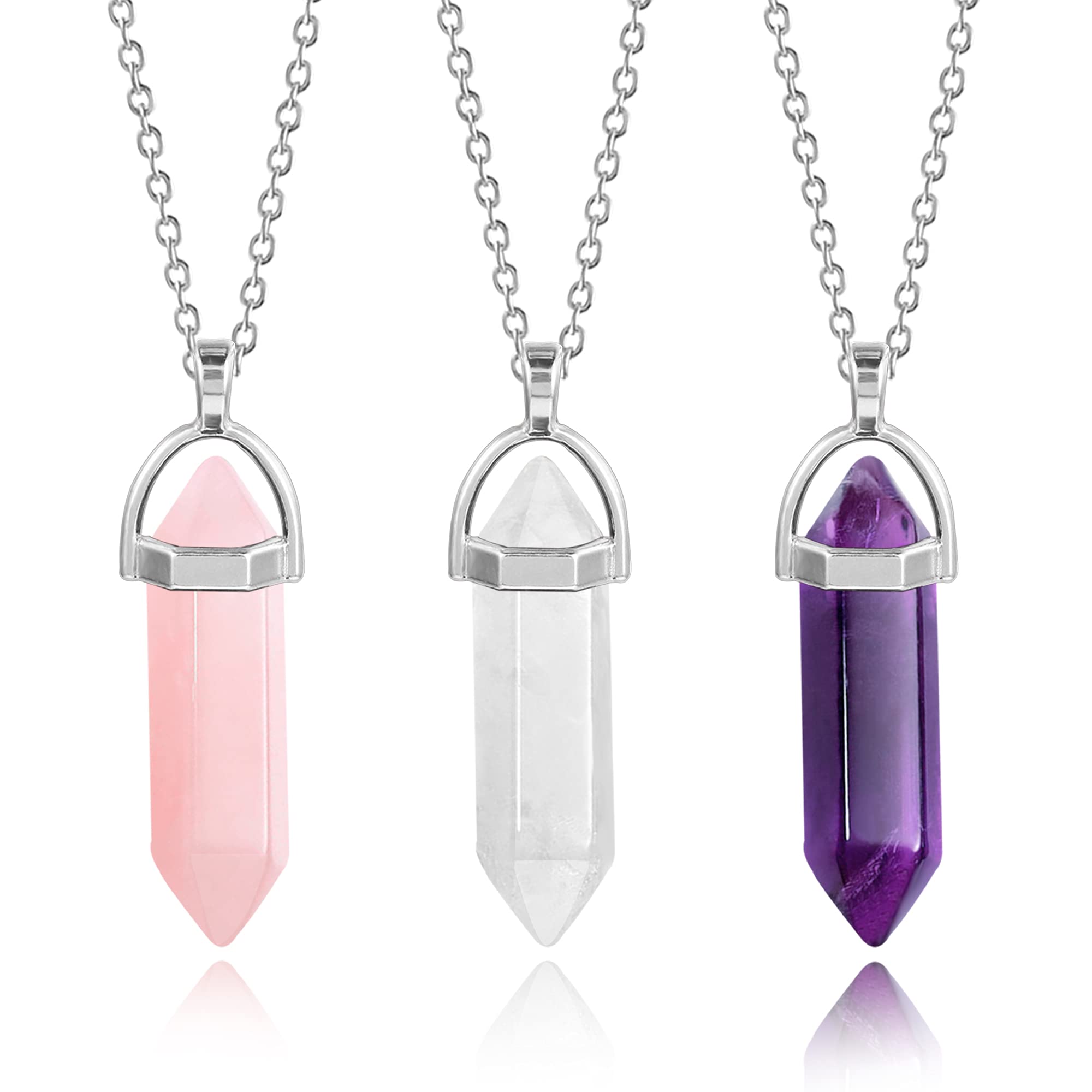 KISSPAT 3PCS Healing Crystals Necklace, Bullet Quartz Stone Pointed Hexagonal Pendants Necklace Real Crystal Necklaces for Women