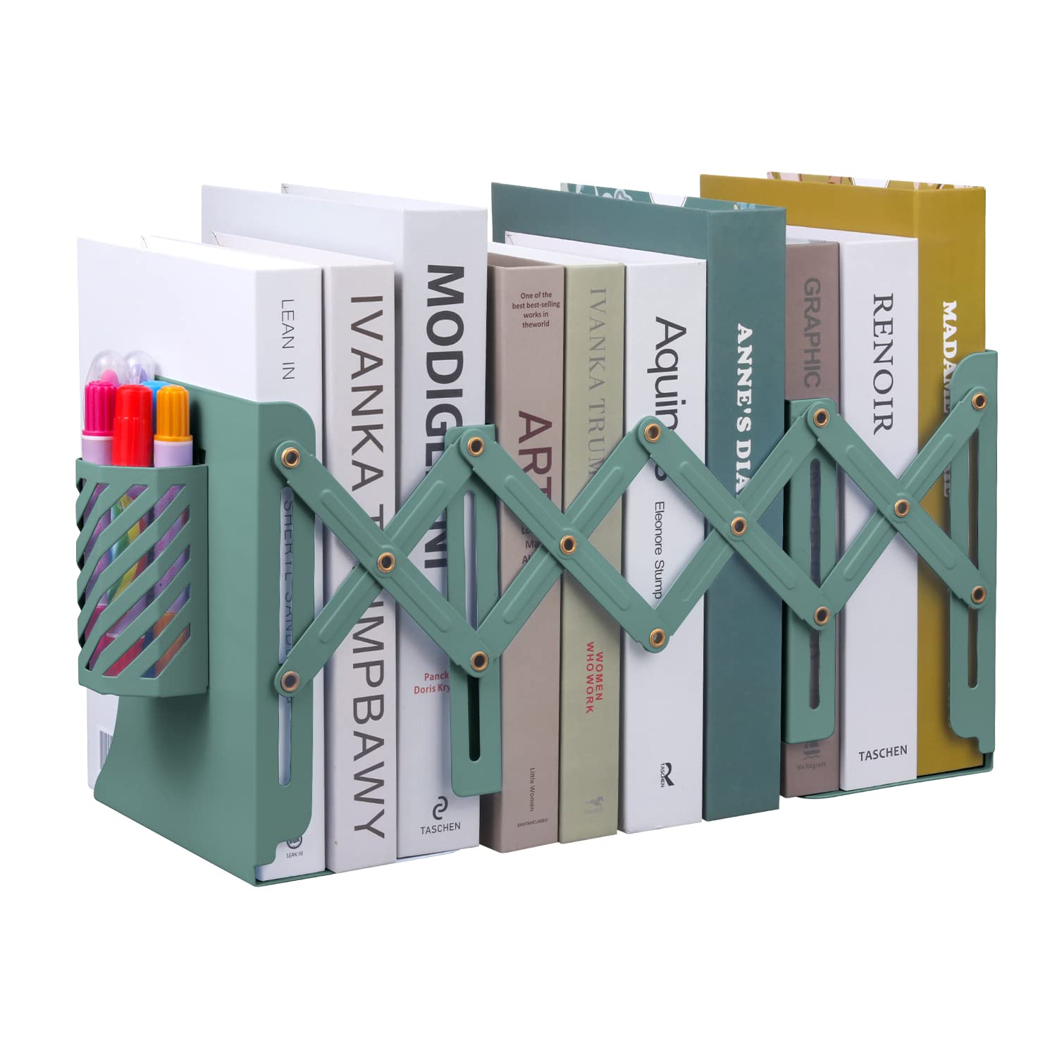 Expandable Metal Bookends, MSDADA Adjustable Book Ends Heavy Duty Book Holder with Detachable Pen Container, Non-Skid Desk Organizer for Kids Student Home Office School Bookshelf Book Storage(Green)
