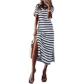 BLENCOT Women Summer Dress Striped Short Sleeve V Neck Sundress Casual Side Slit Beachwear T-Shirt Dresses