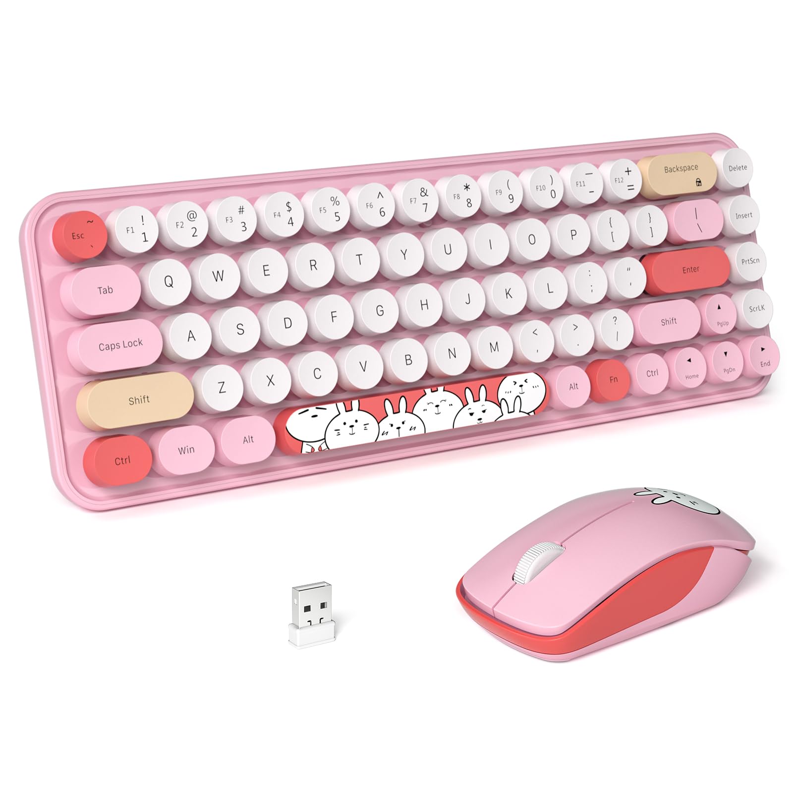 Photo 1 of FOPETT Wireless Keyboard and Mouse Cute Mouse and Keyboard 2.4G Wireless Keyboards with Colorful 68 Keys Typewriter Retro Round Keycap for PC, Laptop,Tablet,Computer Windows - Pink Colorful