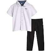 DKNY Toddler Boys Pants Set - 2 Piece Short Sleeve Boys Button Down Shirt and Tech Pull On Kids Pants Toddler Clothes