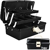 TERGOO 12in Three-Layer Multipurpose Storage Box Organizer Folding Tool Box/Art & Crafts Case/Sewing Supplies Organizer/Medicine Box/Family First Aid Box with 2 Trays (Black)…