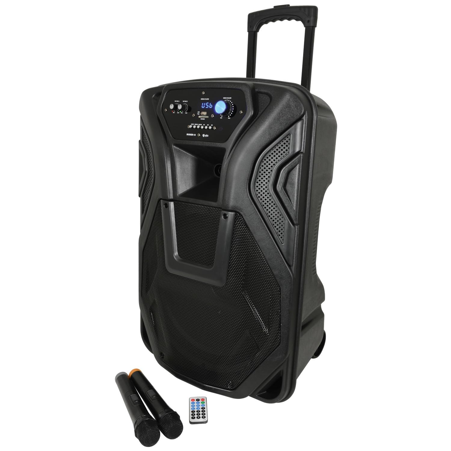 QTX Busker 15 Portable PA System with Wireless Microphones & Remote Control Bluetooth Trolley Speaker, Battery-Powered Loudspeaker for Karaoke, Outdoor Events, Mobile DJs & Party Entertainment