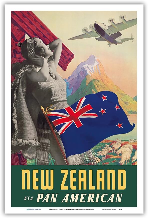 New Zealand - Via Pan American Airways - Vintage Airline Travel Poster by Paul George Lawler c.1940 - Master Art Print 12in x 18in