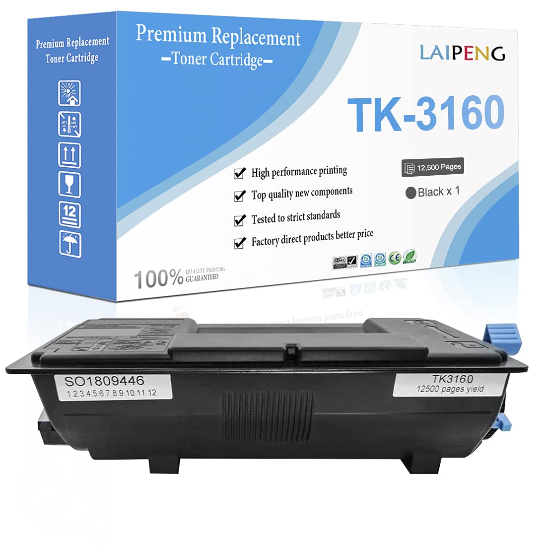 LAIPENG Compatible Toner Cartridge TK3160 TK-3160 Black With Chip for Kyocera ECOSYS P3145dn M3145dn M3145idn M3645dn M3645idn P3045dn P3050dn P3055dn P3060dn Laser Printer