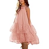 Batermoon Girls Lace Backless Tulle Dress Halter Neck Boho Flower Girl Sleeveless Ruffle Swing Party Dress