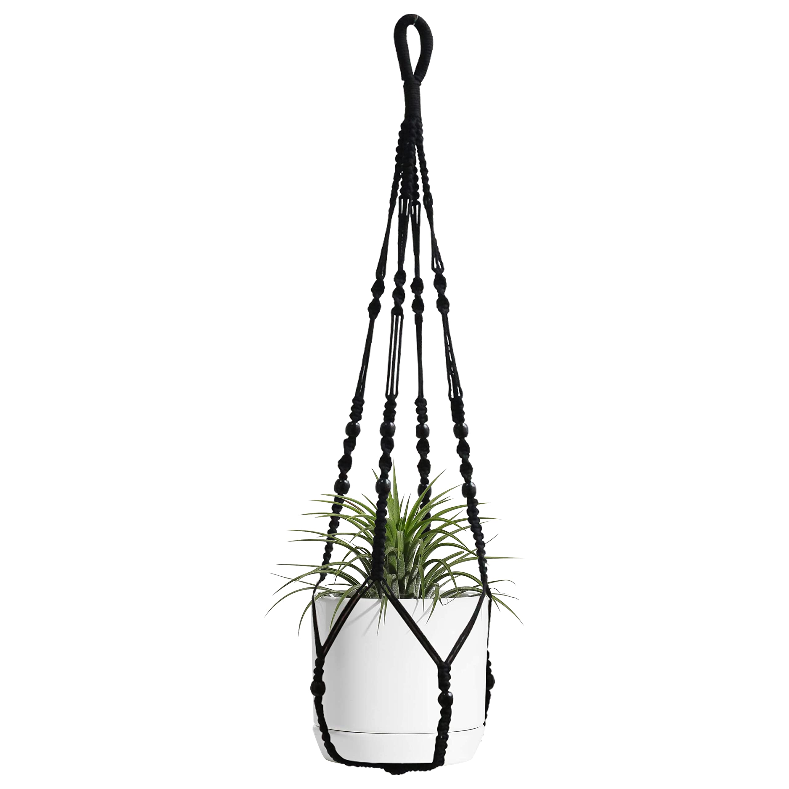 Photo 1 of Macrame Plant Hanger Indoor Hanging with Wood Beads Macrame Planters No Tassel for Indoor Outdoor Boho Home Decor 35 Inch (Black,1pc)