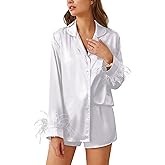 Ekouaer Bridal Feather Pajamas Set Silk Satin Valentine's Pj Sets Wedding Pjs Sleepwear with Removable Feather Trim