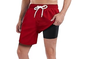 QRANSS Mens Swim Trunks with Compression Lined 7'' Swim Shorts Quick Dry Swimwear Boardshorts with Boxer Brief Liner