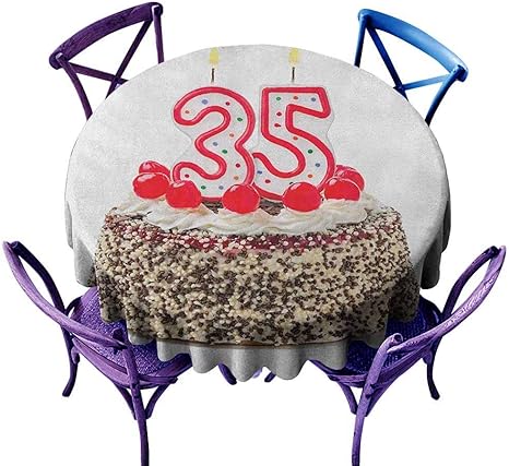 Amazon Beihai1sun こぼれ防止テーブルカバー 35歳の誕生日 グルメ デザートチェリーケーキ パイ パーティー スペシャルデー 周年5歳 テーブルカバー キッチン ダイニング テーブルトップ 装飾 レッド ブラウン ホワイト 35 Round 90cm テーブルクロス オンライン通販