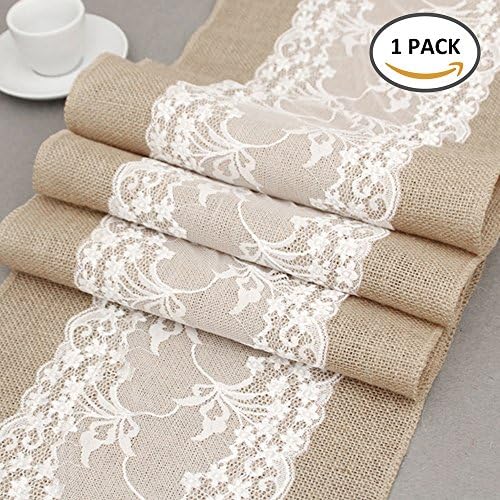 BullStar 12" x 108" Burlap Table Runner with Lace Natural Jute Hessian able Runners for Wedding Party Bridal Shower Babe Shower Dining Table Decoration (B, 1pack)