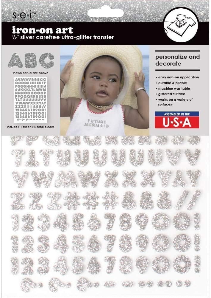 Photo 1 of SEI 148 Pieces Iron on Letters: 1/2 Inch Glitter Iron On Letters and Numbers for Clothing, Easy Application, Small Iron On Letters, Machine Washable, Heat Transfer Letters (Carefree Glitter, Silver)