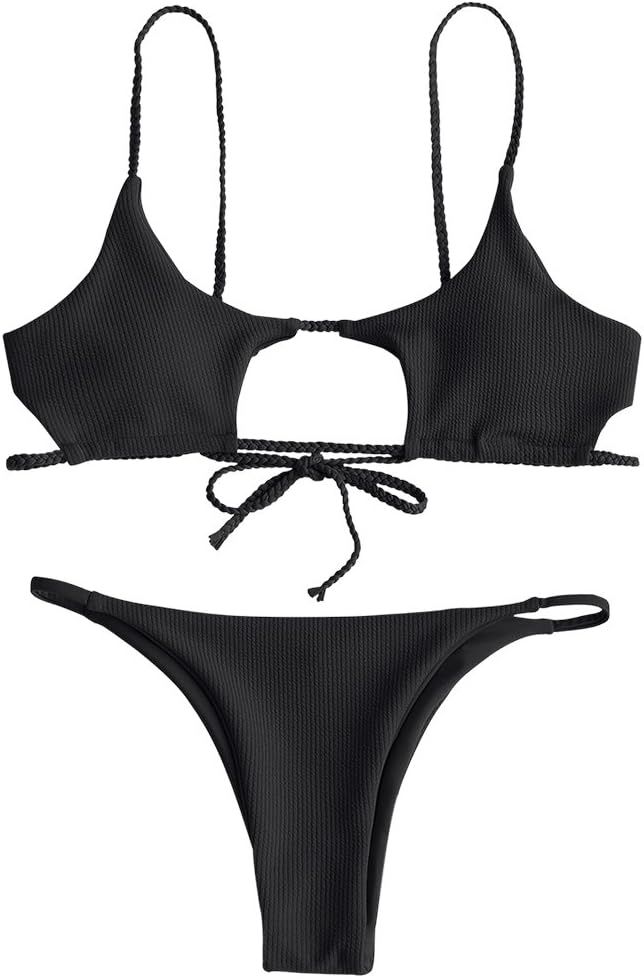 ZAFUL Womens Sexy Spaghetti Strap Hollow Out Braided Ribbed Cutout Bikini Sets