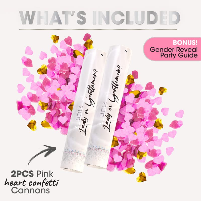 Gender Reveal Confetti Cannon Bulk Set of 2 Heart Shaped Pink