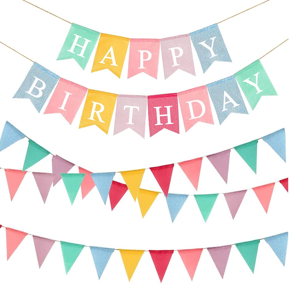 Happy Birthday Banner & 3 Pack Bunting, 39ft Fabric Colorful Waterproof Pennant Flags for Outdoor Indoor Hanging Decoration, Home, Garden, Birthday