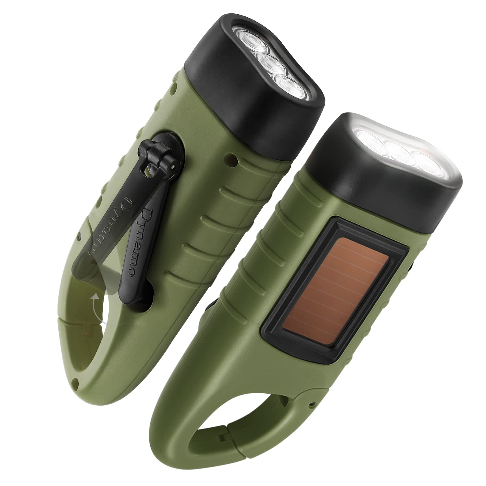 GeeRic 2-Pack Hand Crank Solar Powered Emergency LED Flashlight, Survival Flashlight with Carabiner for Outdoor Sports, Army Green