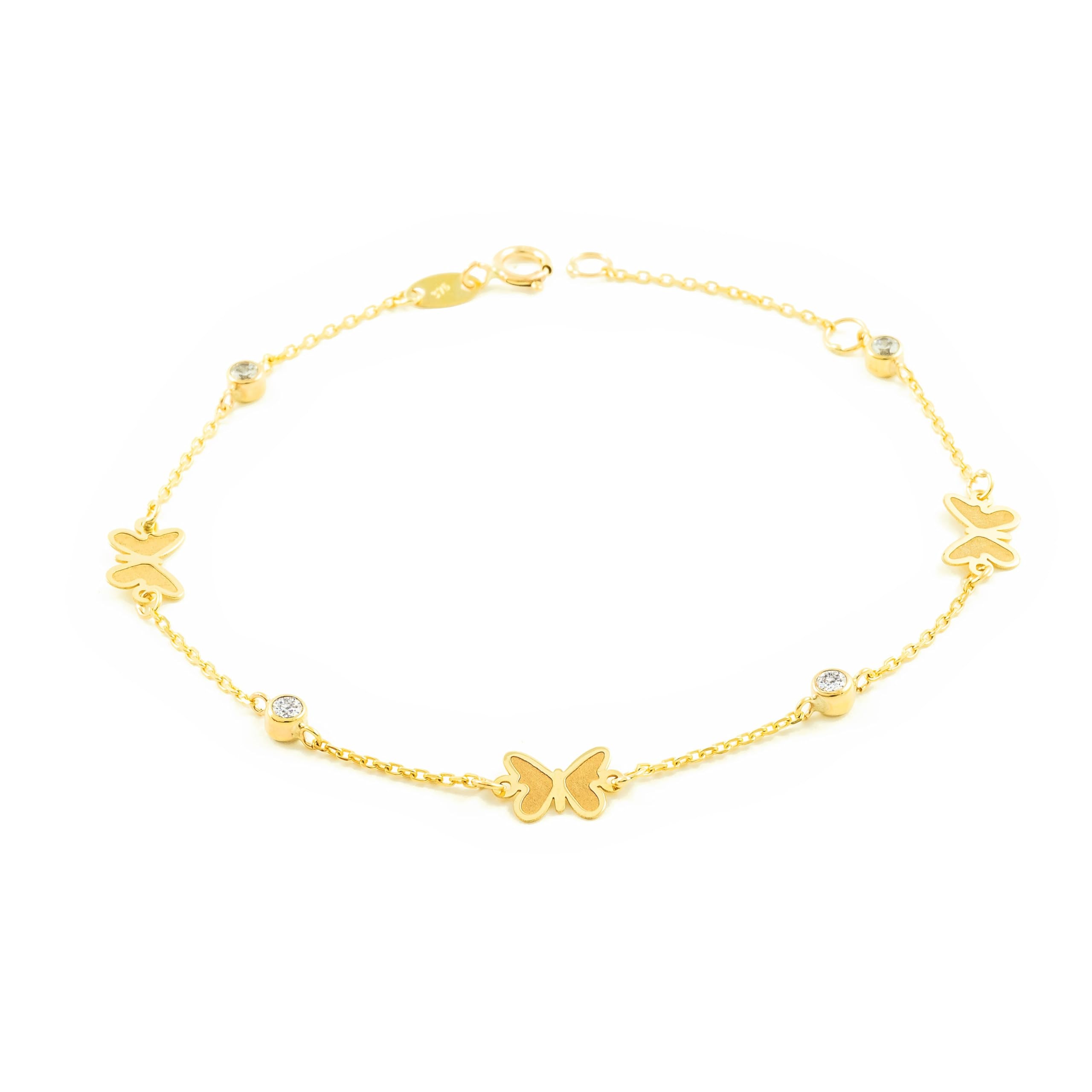 Monde Petit - 9ct Yellow Gold Butterfly Cubic Zirconia Matte and Shine Women's Bracelet 18 cm