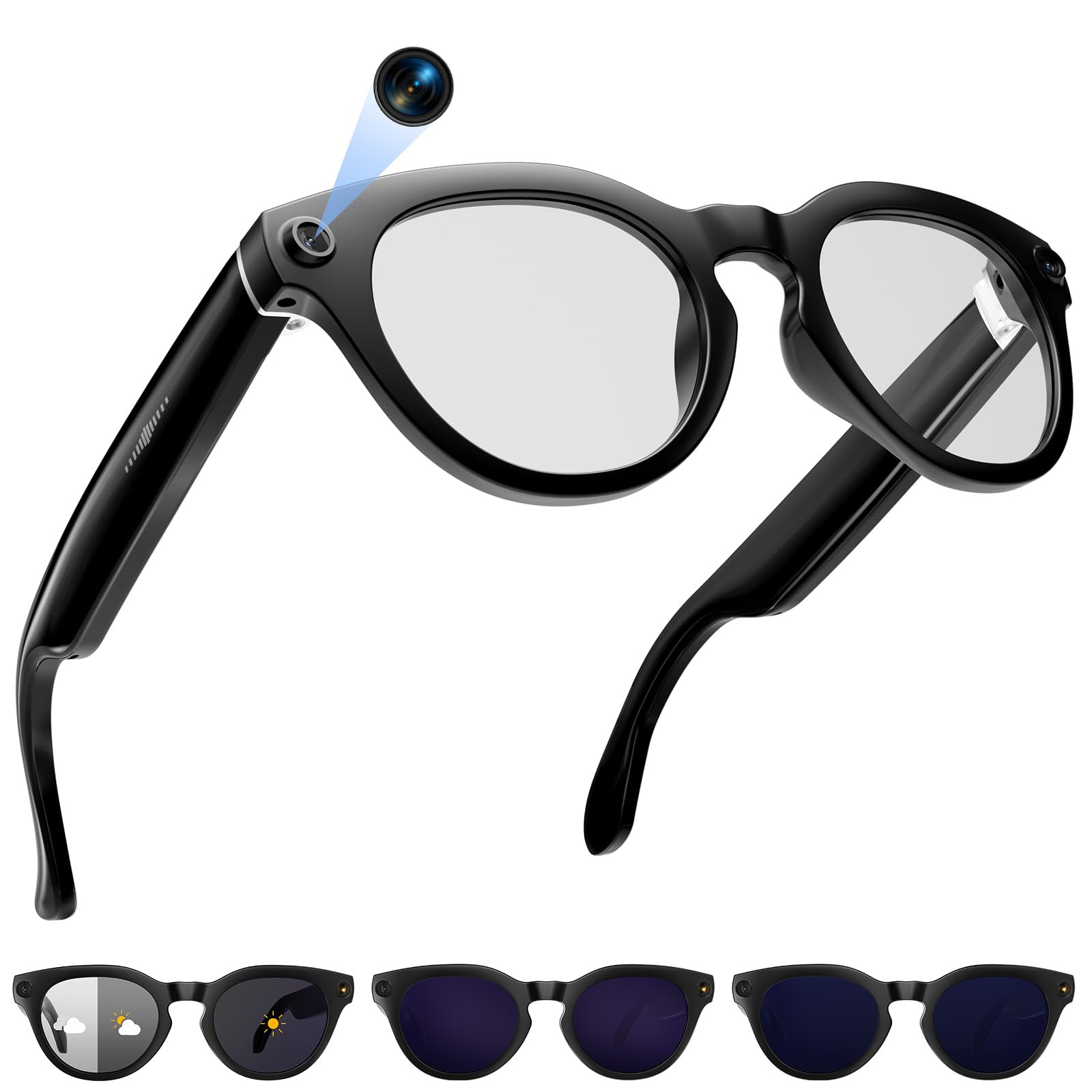 Photo 1 of AI Smart Glasses with Camera, 2K Camera Glasses,12MP Video Recording Glasses, Real Time Translation, AI Voice Assistant,Sunglasses with 3 Pack Lenses - Photochromic Lenses,Purple and Blue Lenses