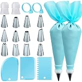 21Pcs Cake Decorating Tools: Reusable Pastry Bags &amp; Tips Kit | 21pc Set Contain: 2 Reusable Icing Bags, 12 Tips, 3 Scrapers, 2 Couplers &amp; 2 Bag Ties