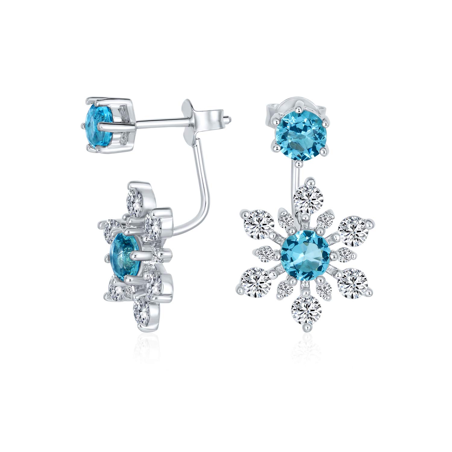 Holiday Party White Frozen Winter Christmas Simulated Blue Topaz 2 In 1 CZ Ear Jackets Back Front Snowflake Stud Earrings .925 Sterling Silver