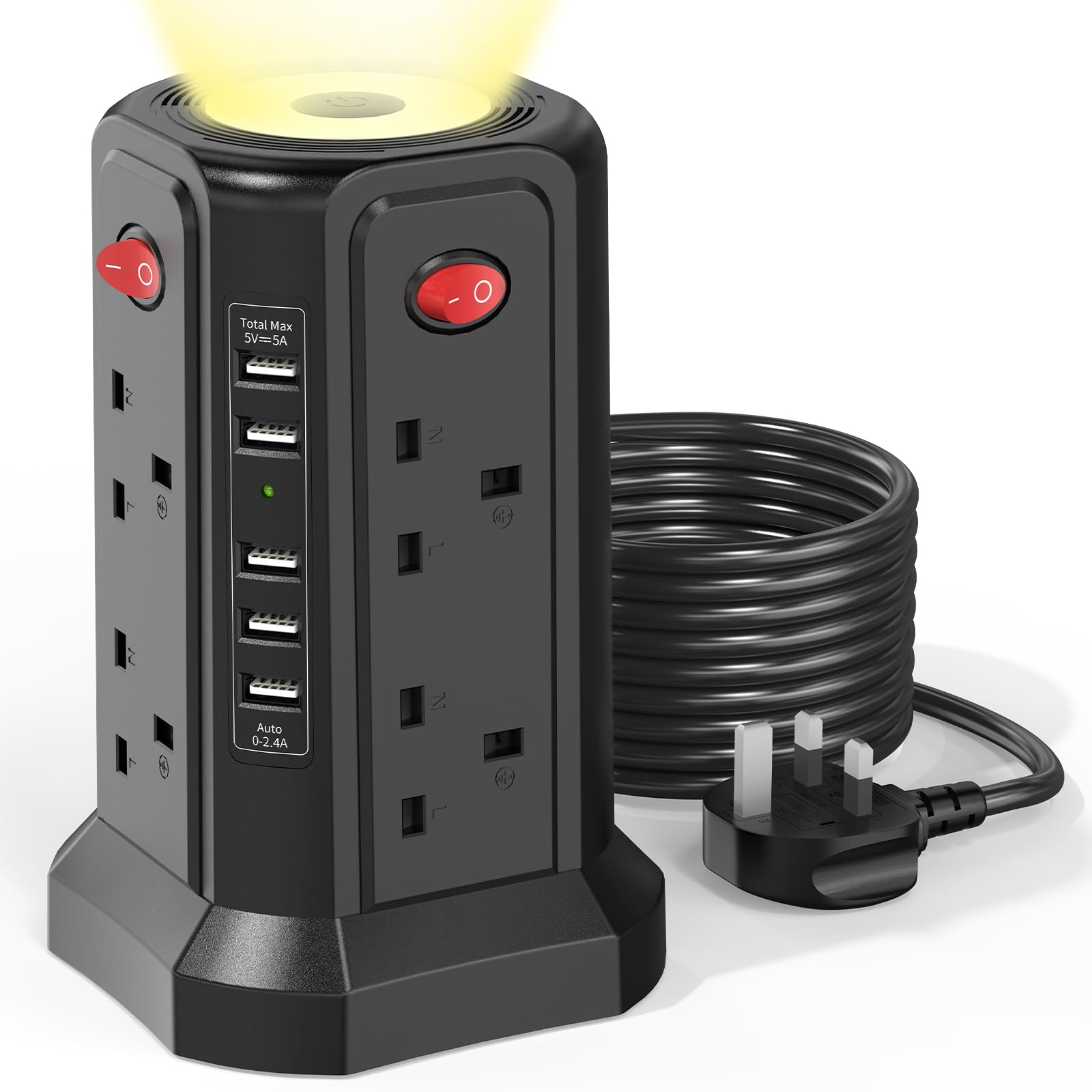 Tower Extension Lead 3M with USB Slots and Night Light, (13A 3250W) 5 USB Ports & 8 Way Socket Extension Tower, Surge Protected Extension Lead with 4 Switches, Extension Cable for Home, Office