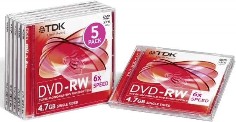 TDK T19431 DVD-RW Rewritable Blank Discs 4.7GB 5 Pack Jewel Case 2-6x Speed