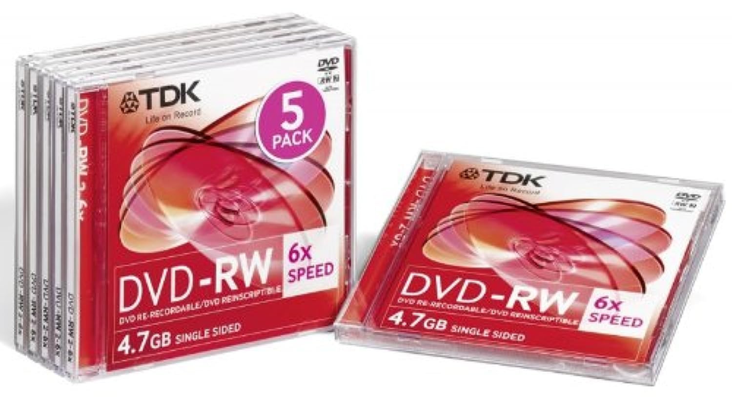 TDK T19431 Rewritable DVD-RW Blank 4.7GB in Jewel Case (Pack of 5) 2-6x Speed