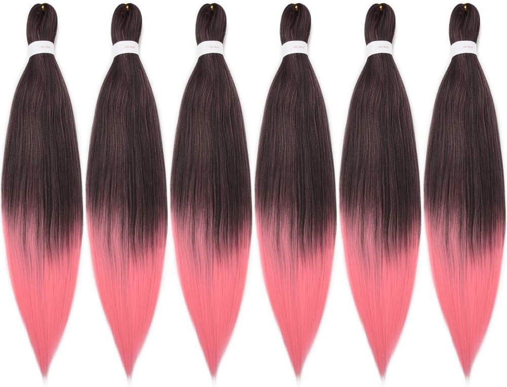Celie Pre Stretched Braiding Hair 26 Inch 6Packs Ombre Braiding Synthetic Hair Hot Water Setting Perm Yaki Texture for Crochet Braids Twist Hair Extension(1b/pink#,90gram per pack)