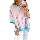 SHEWIN Womens Tops Casual Short Sleeve Sweatshirt Crewneck Striped Shirt Pullover T Shirts Loose Blouses